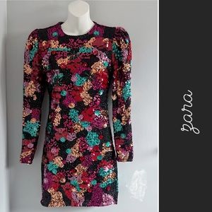 Zara Sequined Floral Long Sleeve Mini Dress in Multicolor • S